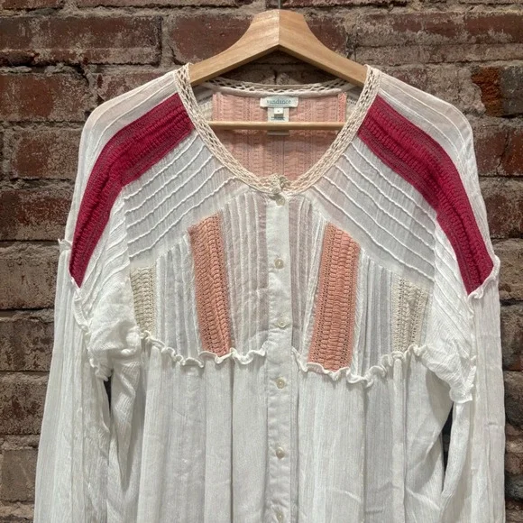 Sundance Constance Crochet Trim Pintuck Blouse Womens Small White Red Boho Top - Picture 3 of 5